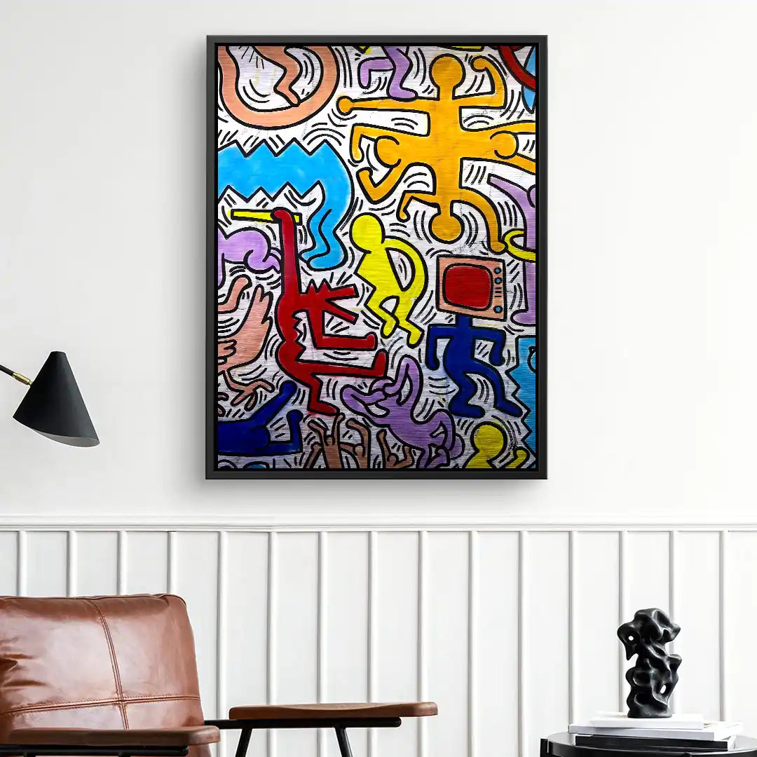 Buntes Wandbild mit abstrakten Figuren im Pop Art Stil, moderne Wohnzimmer Dekoration