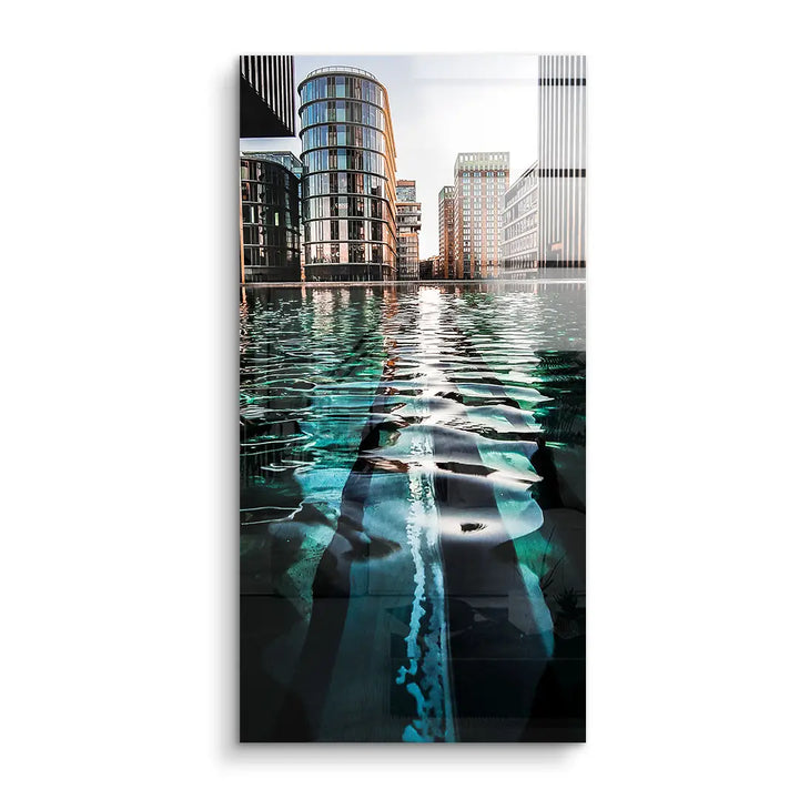Modernes Wandbild mit Glasgebäuden und Wasserreflexionen, Architektur Fotokunst