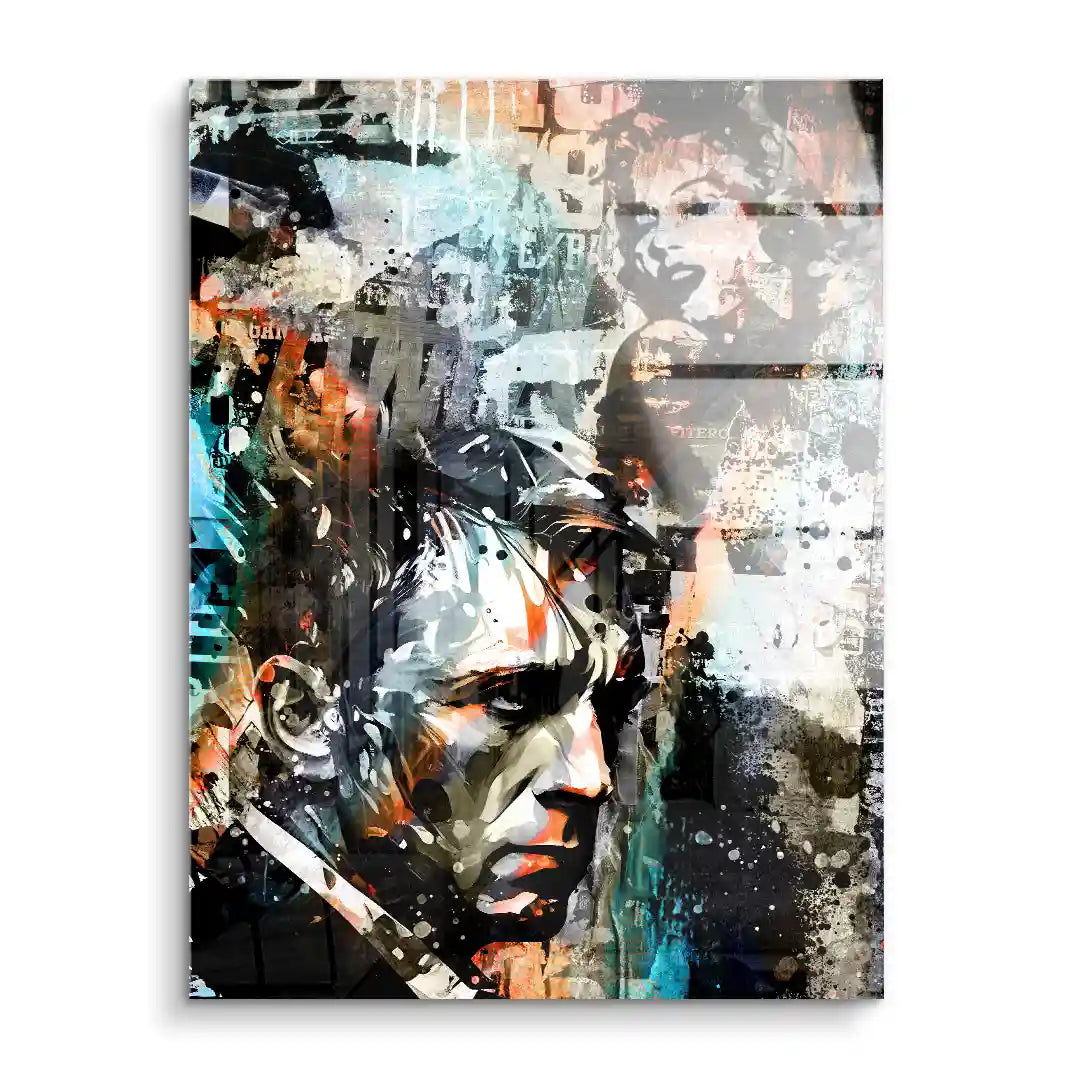 Modernes Acryl Wandbild, abstraktes Männerporträt mit urbanem, farbenfrohem Pop Art Stil