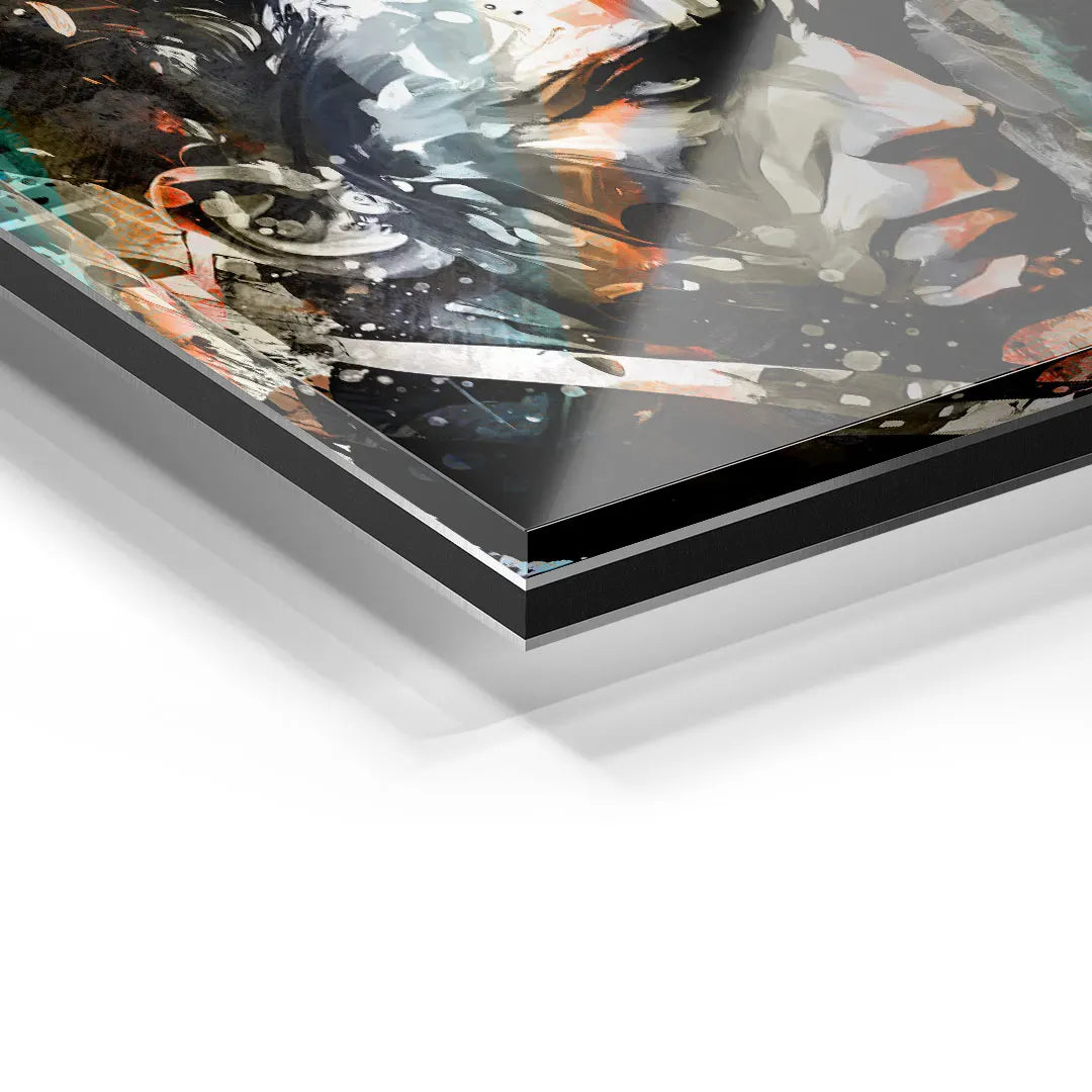 Detailaufnahme Acrylglas-Wandbild, farbenfrohes Männerporträt, moderne Kunst