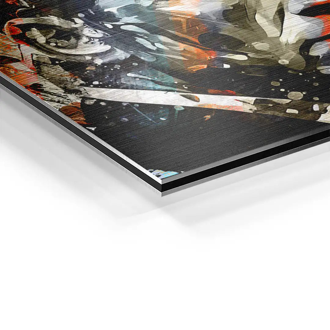 Detailaufnahme buntes abstraktes Wandbild auf Aluminium mit gebürsteter Oberfläche