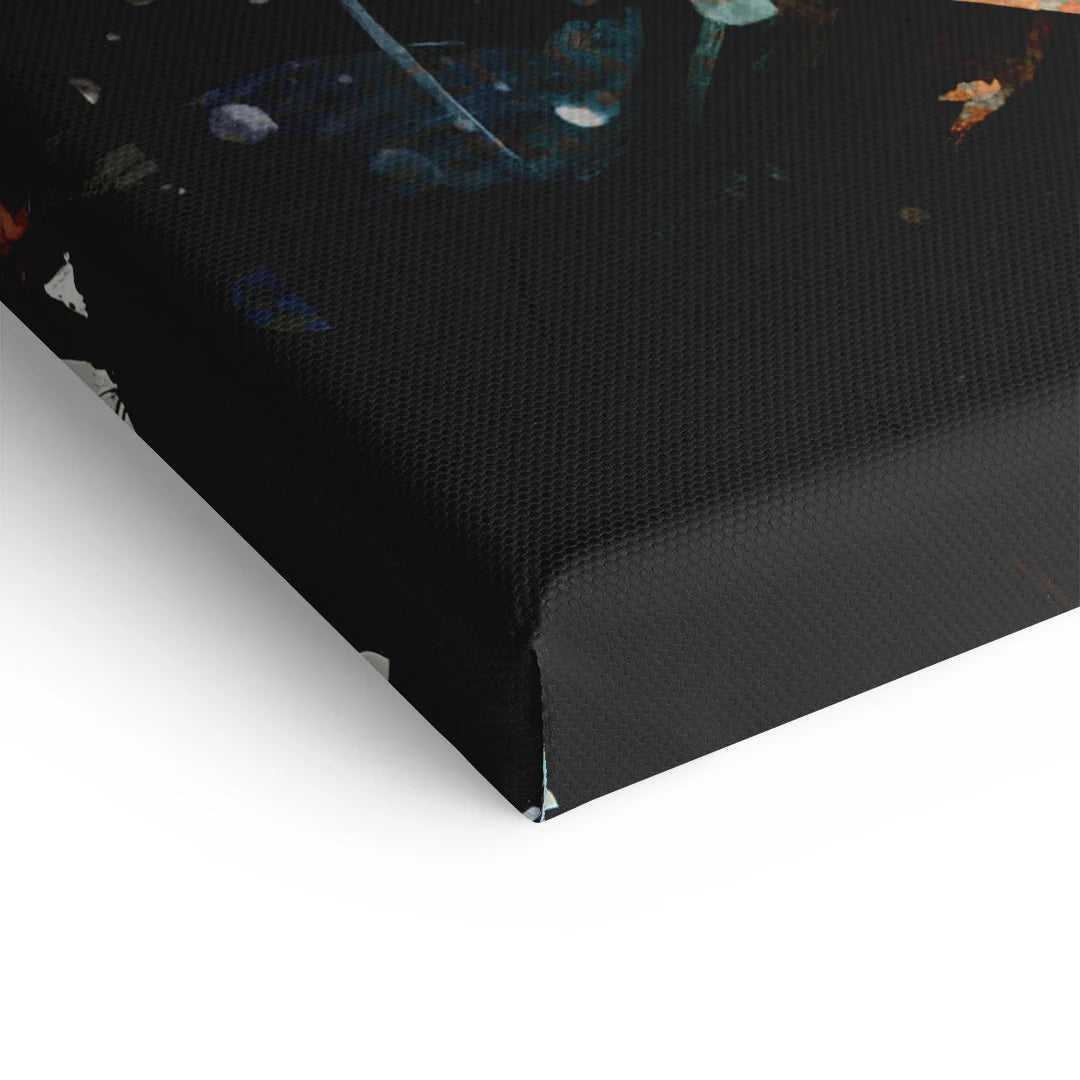 Detailaufnahme Leinwand mit buntem abstrakten Motiv auf schwarzem Hintergrund