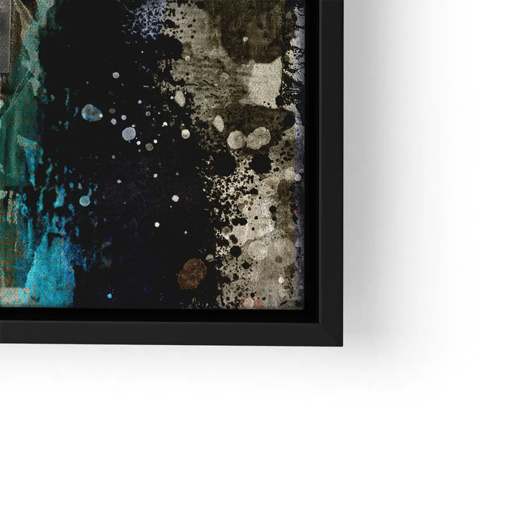 Abstraktes Wandbild mit bunten Farbklecksen in Blau, Schwarz und Grau, moderner Kunstdruck
