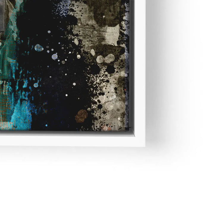Modernes Wandbild mit abstrakten Farbspritzern in Schwarz, Blau und Grau im weißen Rahmen