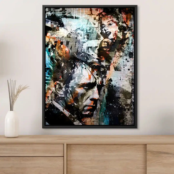 Modernes Wandbild mit abstraktem Männerporträt, Farbkleckse und Collage-Elementen, Pop Art Stil