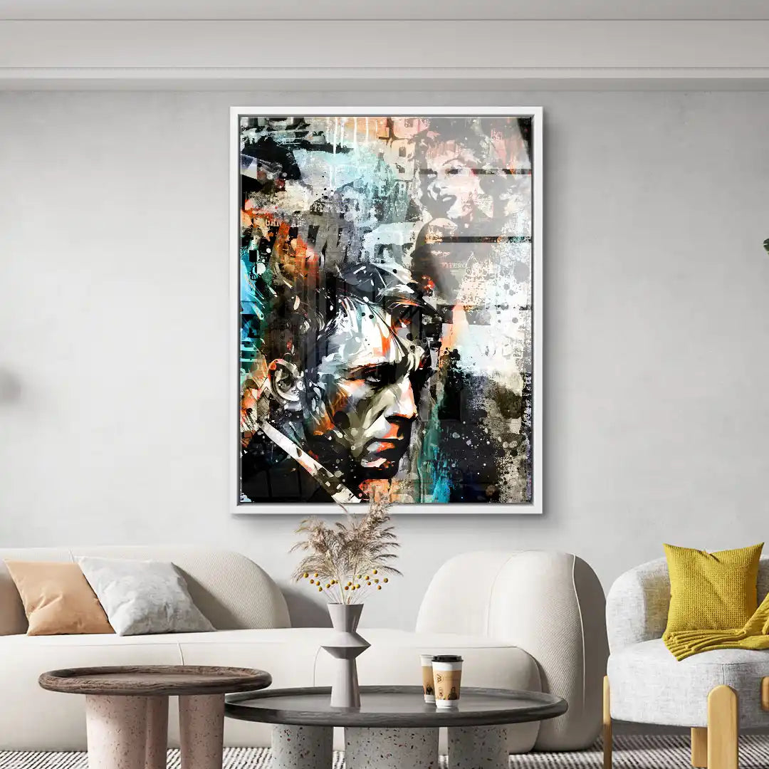 Modernes Wandbild mit abstraktem Männerporträt, bunte Kunst im Wohnzimmer, Pop Art Stil