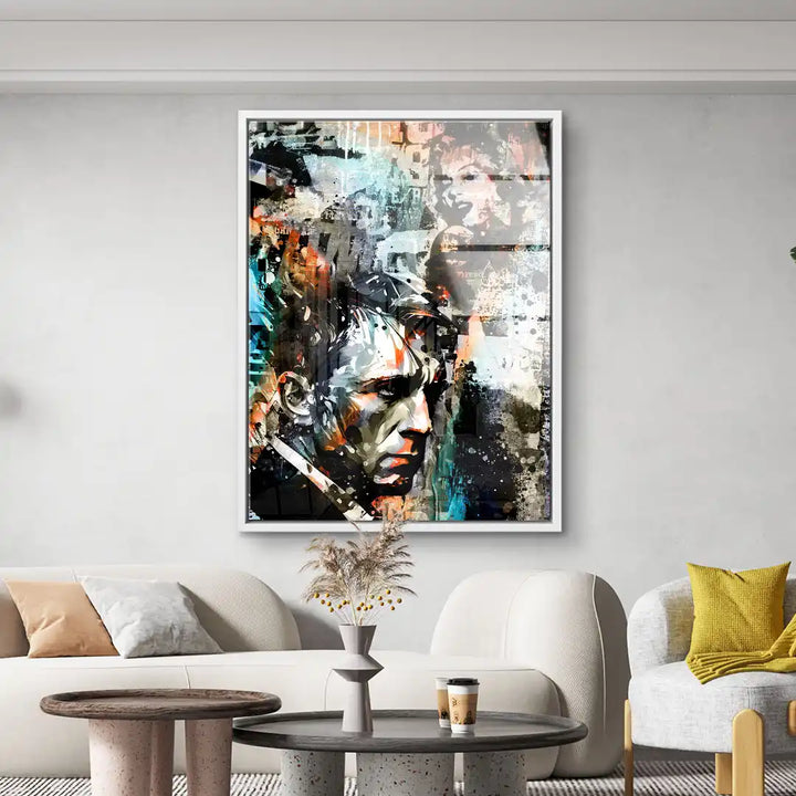 Modernes Wandbild mit abstraktem Männerporträt, bunte Kunst im Wohnzimmer, Pop Art Stil