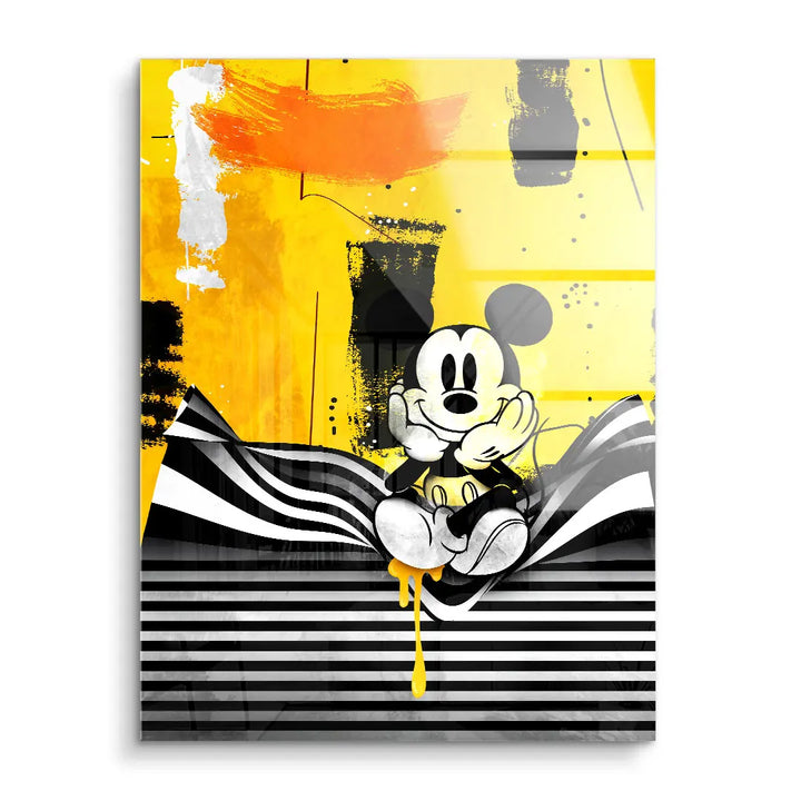Modernes Wandbild im Pop Art Stil mit Comic-Figur vor gelbem, abstraktem Hintergrund