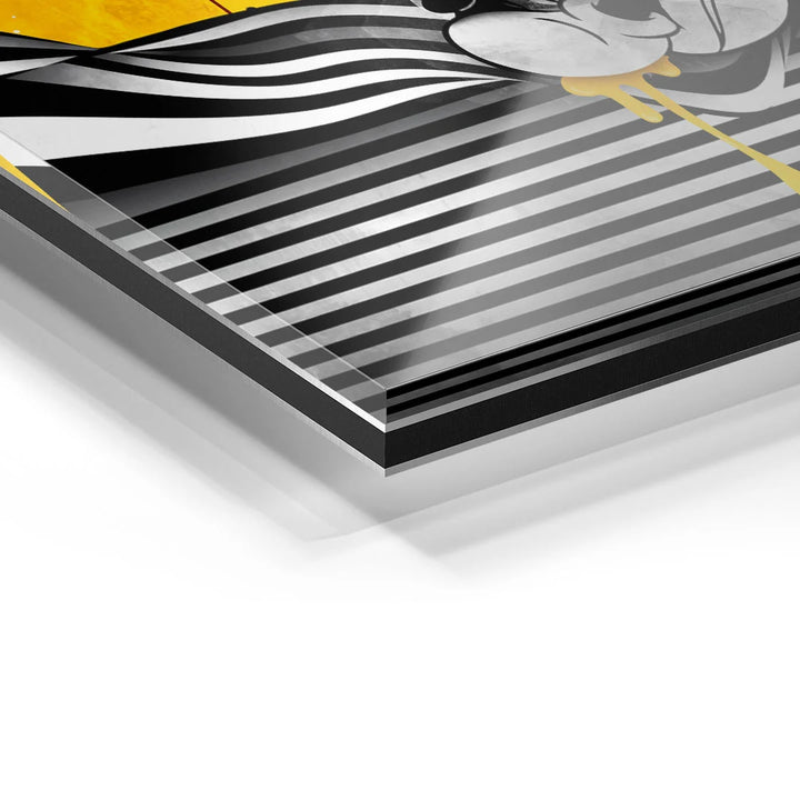 Detailaufnahme Acryl Wandbild mit schwarz-weißen Linien und gelben Farbelementen