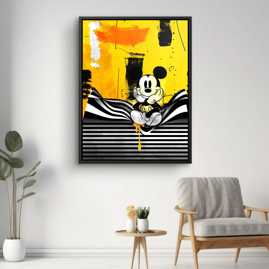 Modernes Wandbild mit Cartoon-Figur, gelber Hintergrund und schwarz-weißen Streifen, Wohnzimmerdeko