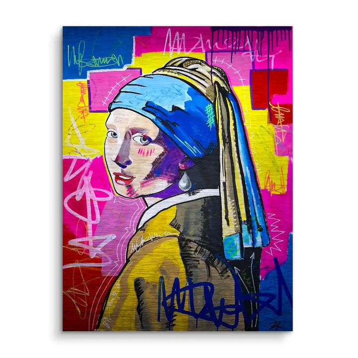 Modernes Wandbild Frau mit Perlenohrring im Street Art Stil, bunte Graffiti-Elemente