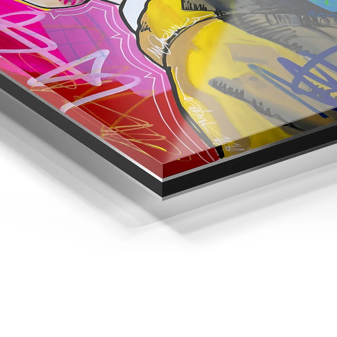 Detailansicht Acrylglas Wandbild mit bunter Frauen-Kunst, Pop Art Stil, moderne Farben