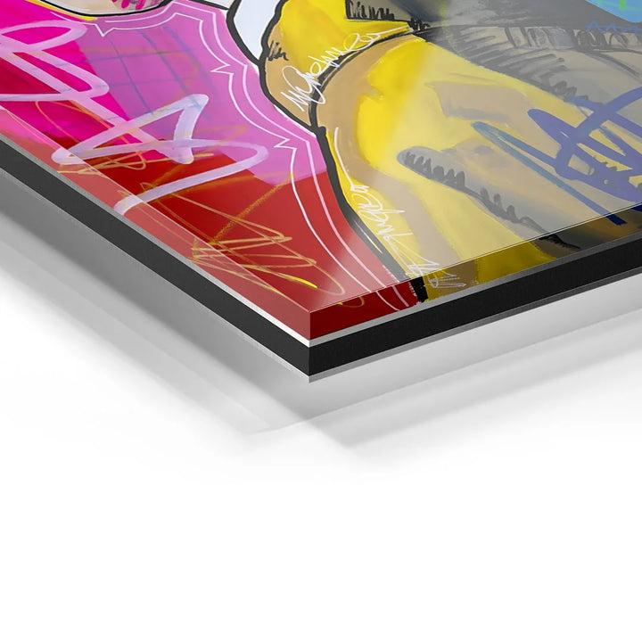 Detailansicht Acrylglas Wandbild mit bunter Frauen-Kunst, Pop Art Stil, moderne Farben