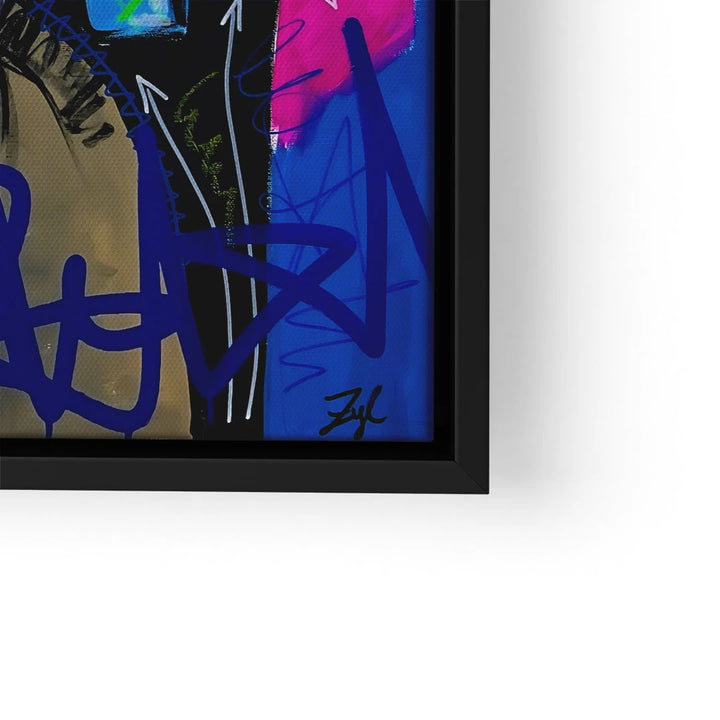 Modernes Wandbild mit Teil eines Frauenporträts, bunten Farben und Graffiti-Elementen