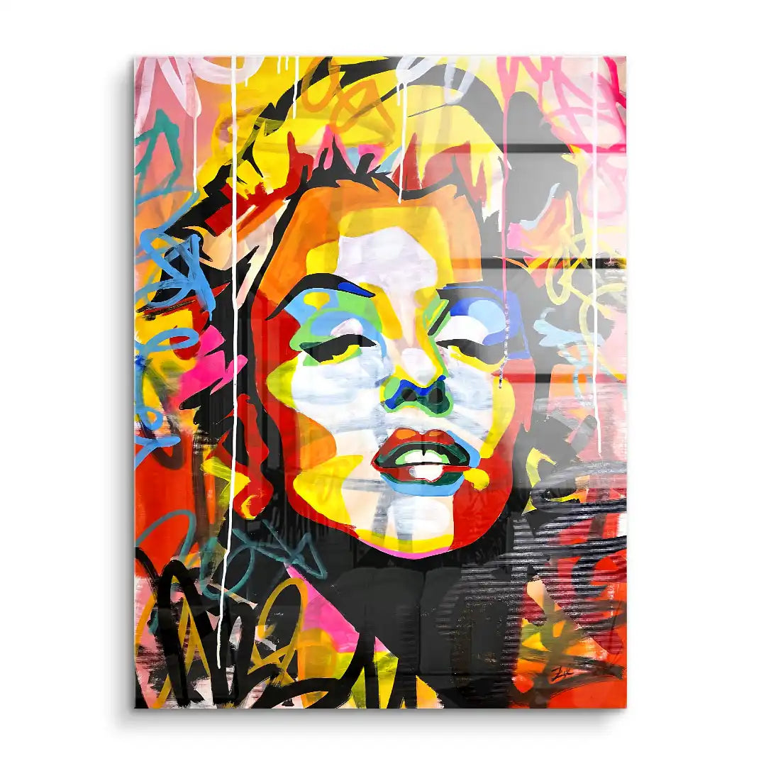 Buntes Acryl Wandbild mit abstraktem Frauenporträt in Pop Art Stil, grafisches Design
