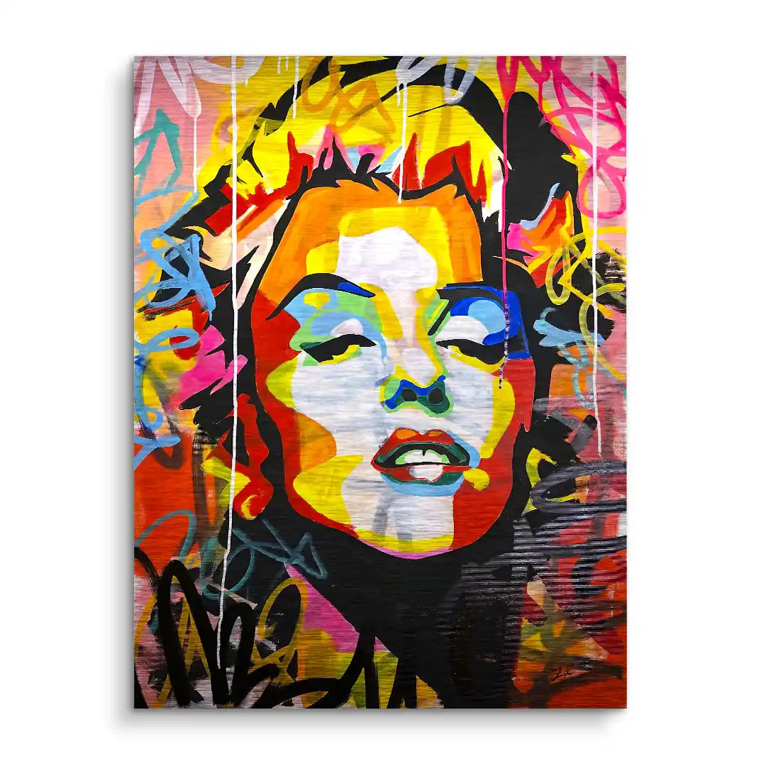 Modernes buntes Wandbild im Pop Art Stil mit Frauengesicht und Graffiti Elementen