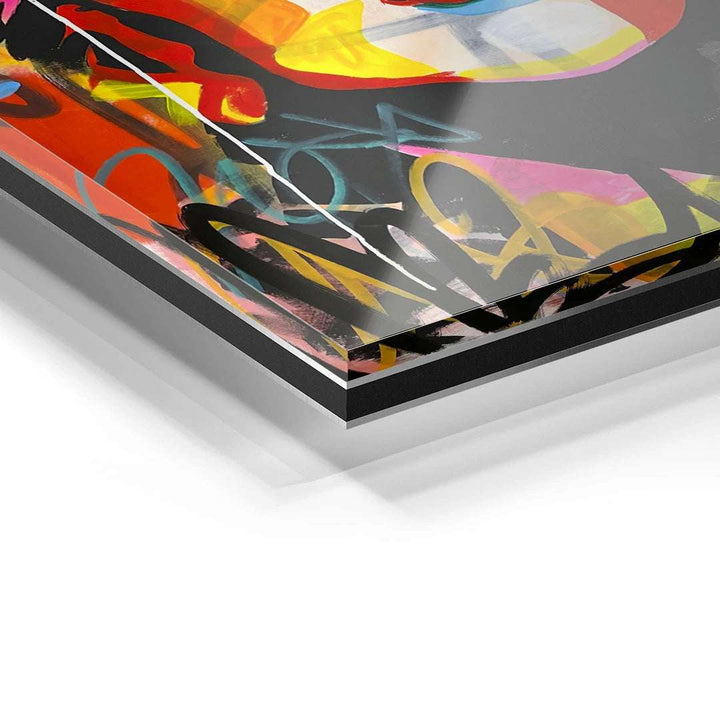Detailaufnahme buntes Acrylglas Wandbild mit abstrakter Kunst in lebendigen Farben