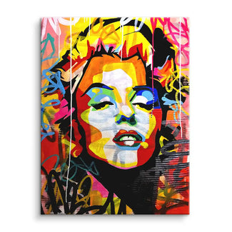 Buntes Wandbild auf Leinwand mit Porträt einer Frau im Pop Art Stil und Graffiti-Elementen