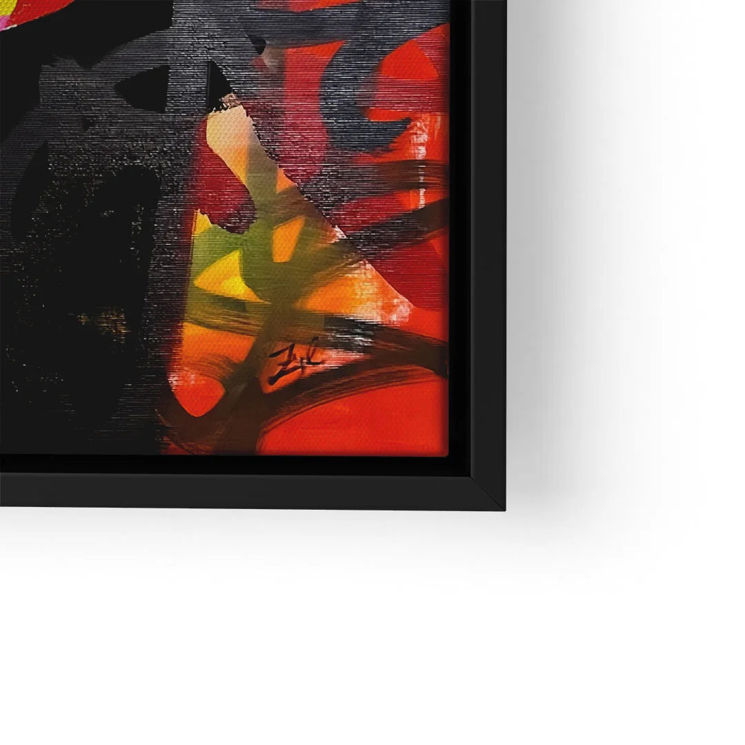 Modernes abstraktes Wandbild mit bunten Farben und schwarzen Akzenten in schwarzem Rahmen