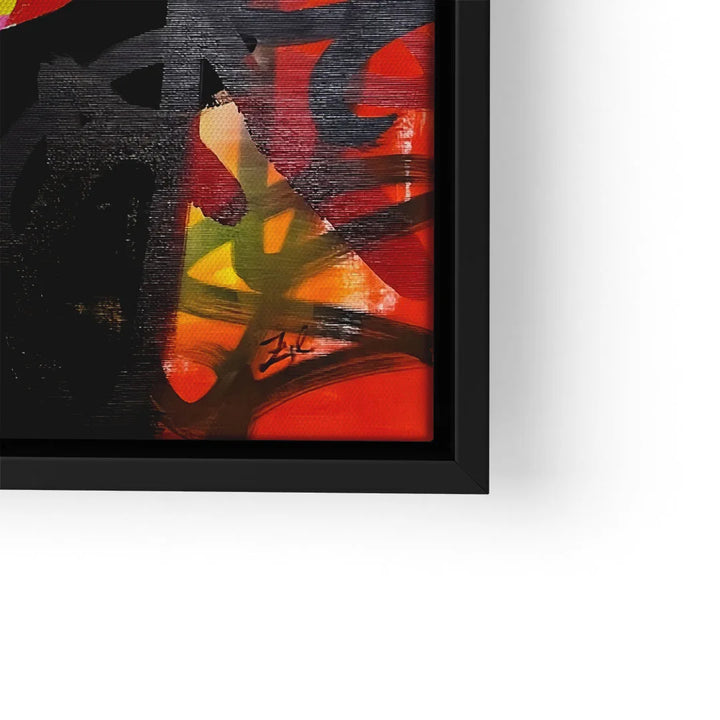 Modernes abstraktes Wandbild mit bunten Farben und schwarzen Akzenten in schwarzem Rahmen