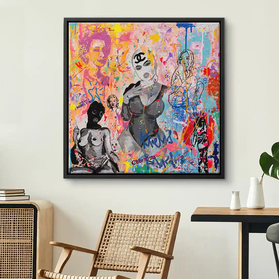 Modernes, buntes Wandbild mit abstrakter Pop Art und Graffiti-Elementen in Wohnzimmer