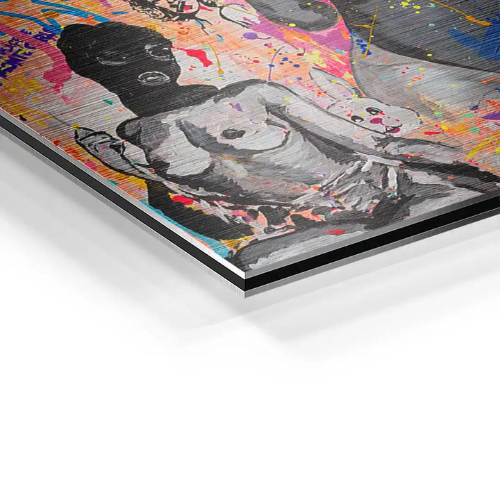 Detail eines modernen Pop Art Wandbilds mit farbenfrohen Spritzern und abstrakter Figur