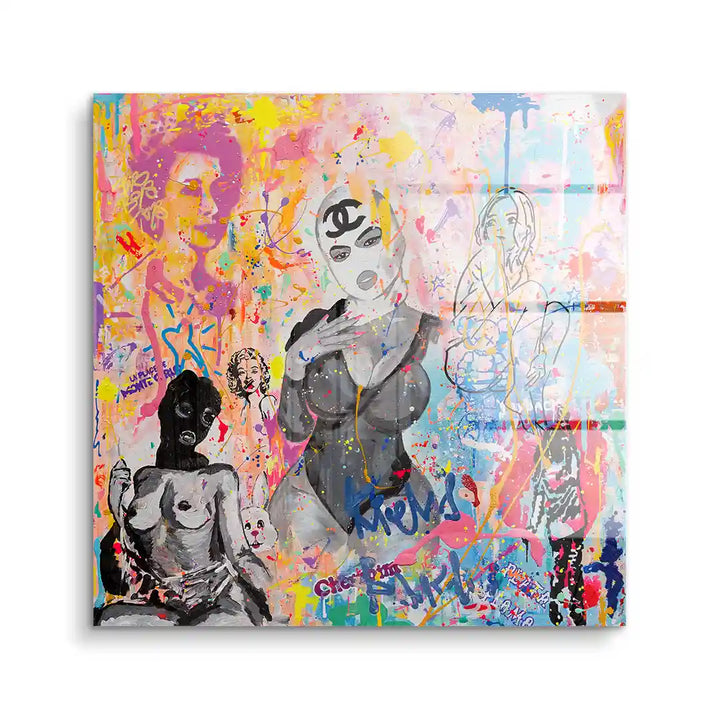 Pop Art Wandbild mit bunten Graffiti-Elementen, Frauenfiguren und modernem Streetart Stil