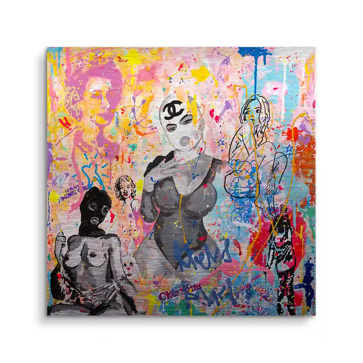 Modernes Pop Art Wandbild mit weiblichen Figuren, Graffiti-Elementen und bunten Farben