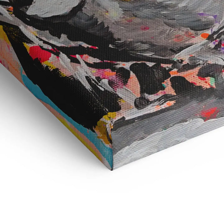 Detail einer Pop Art Leinwand, bunte Pinselstriche und strukturierte Oberfläche