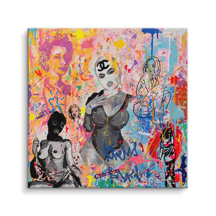 Buntes Pop Art Wandbild mit Figuren, Graffiti-Elementen und abstrakten Farbspritzern