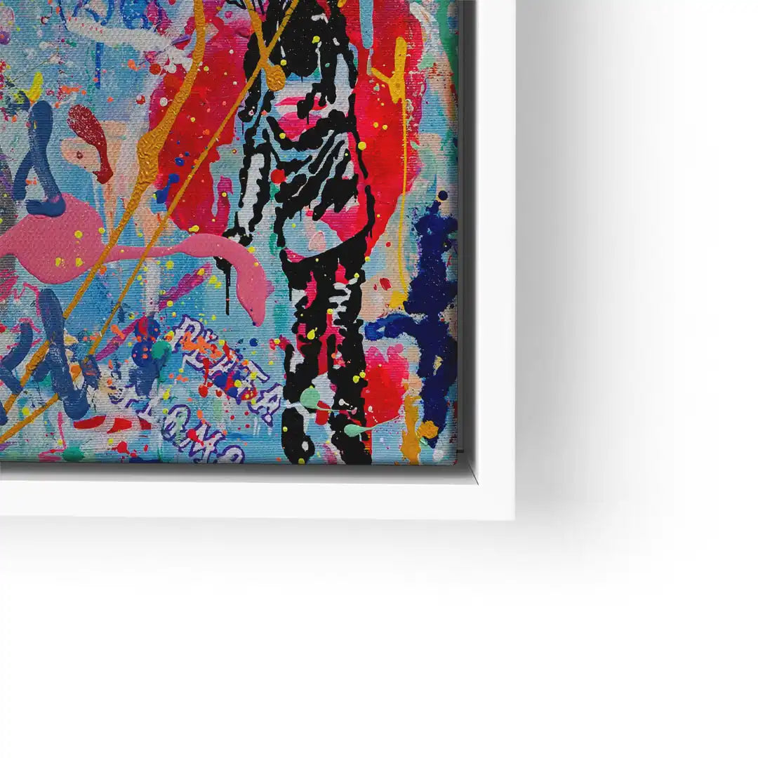 Buntes Pop Art Wandbild mit abstrakten Farbklecksen und figurativen Elementen im weißen Rahmen