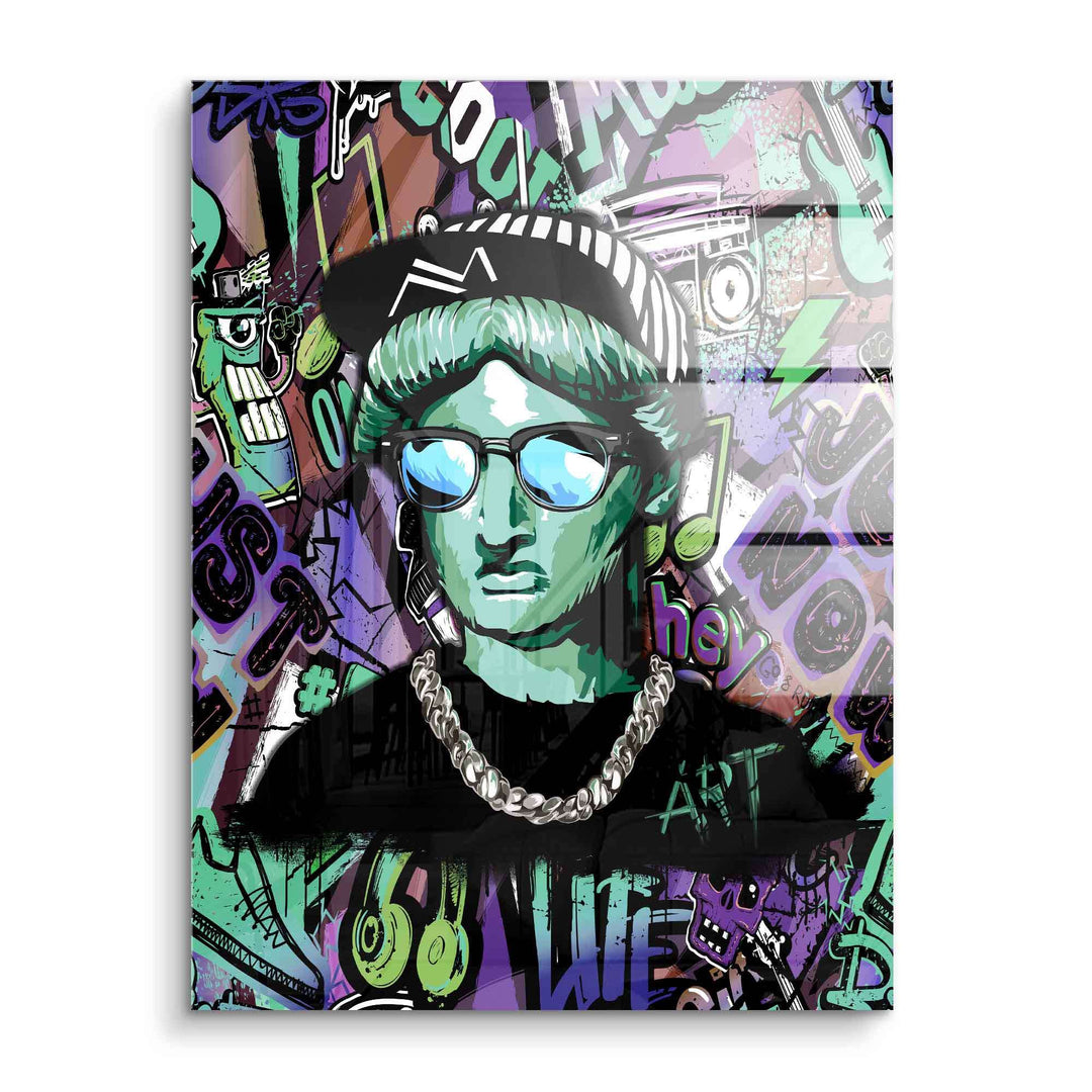 Pop Art Wandbild mit grünem coolen Typ, Sonnenbrille, Cap und bunter Graffiti-Kulisse