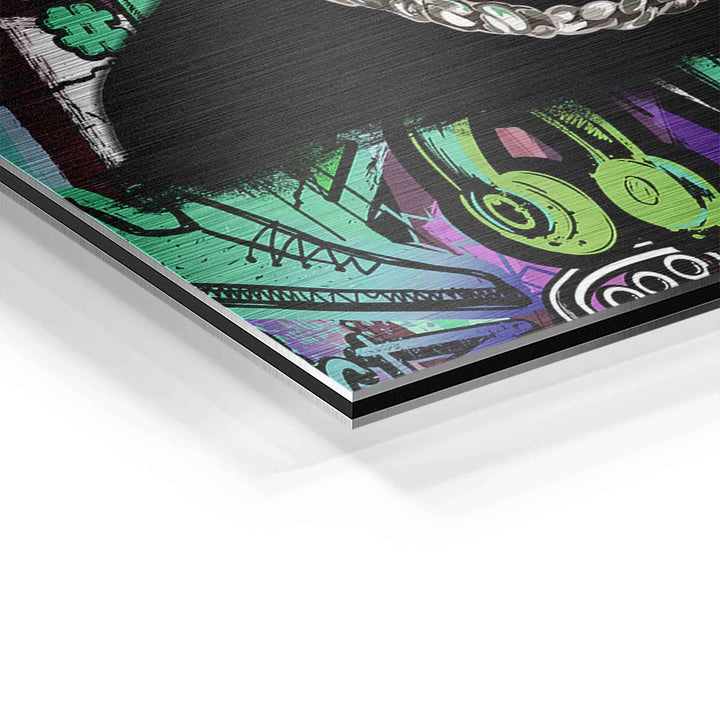 Detailansicht modernes Wandbild mit grün-rosa Graffiti, Sneaker und Kopfhörer Motiv