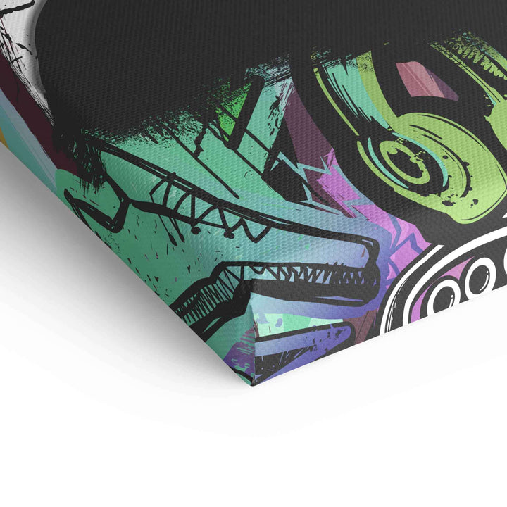 Detailansicht modernes Wandbild mit grünem Graffiti, Kopfhörer und Comic-Stil auf Leinwand
