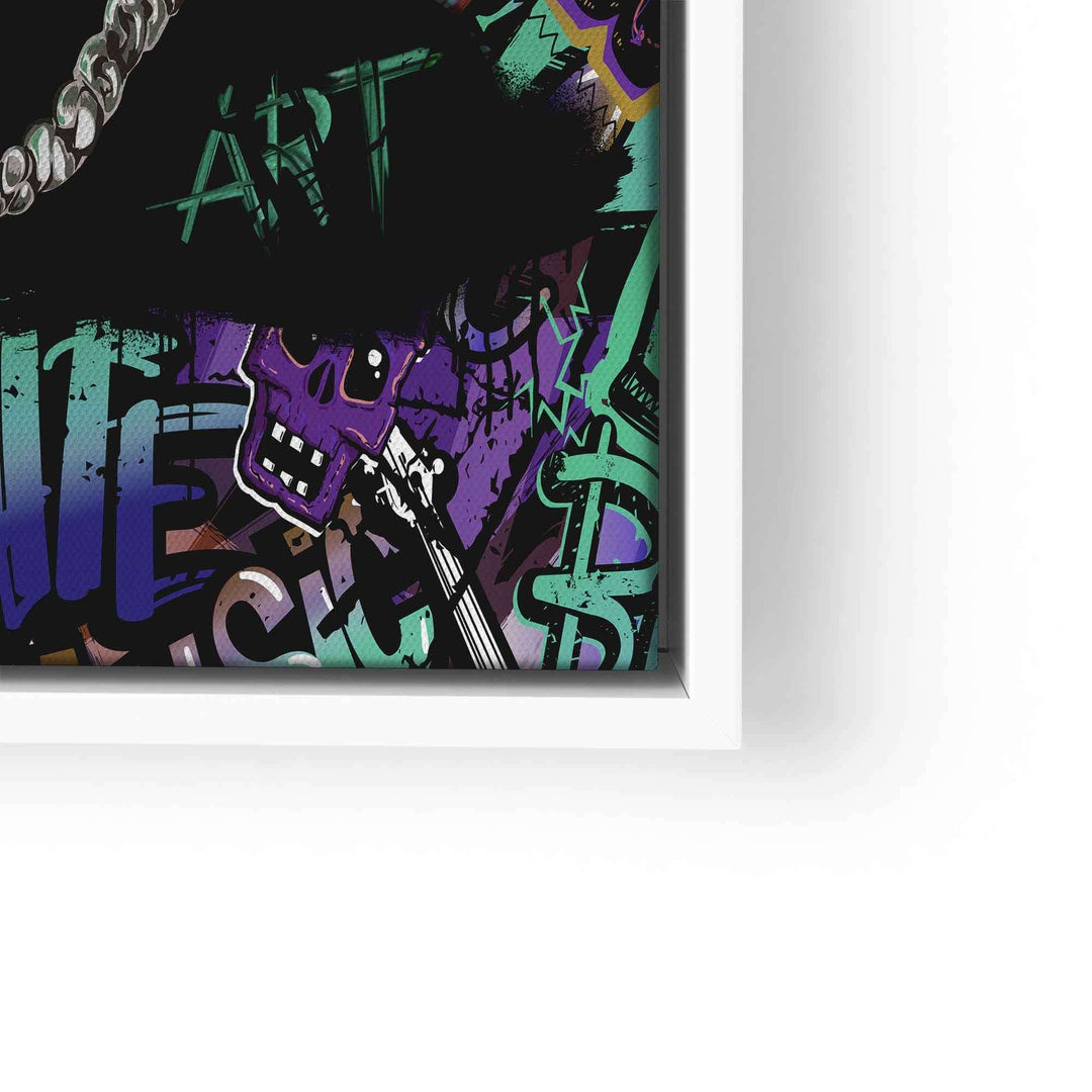 Modernes Wandbild mit grün-lila Streetart, Totenkopf und Graffiti-Elementen