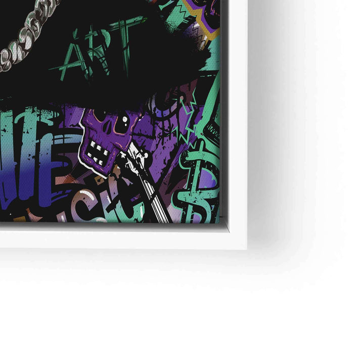 Modernes Wandbild mit grün-lila Streetart, Totenkopf und Graffiti-Elementen