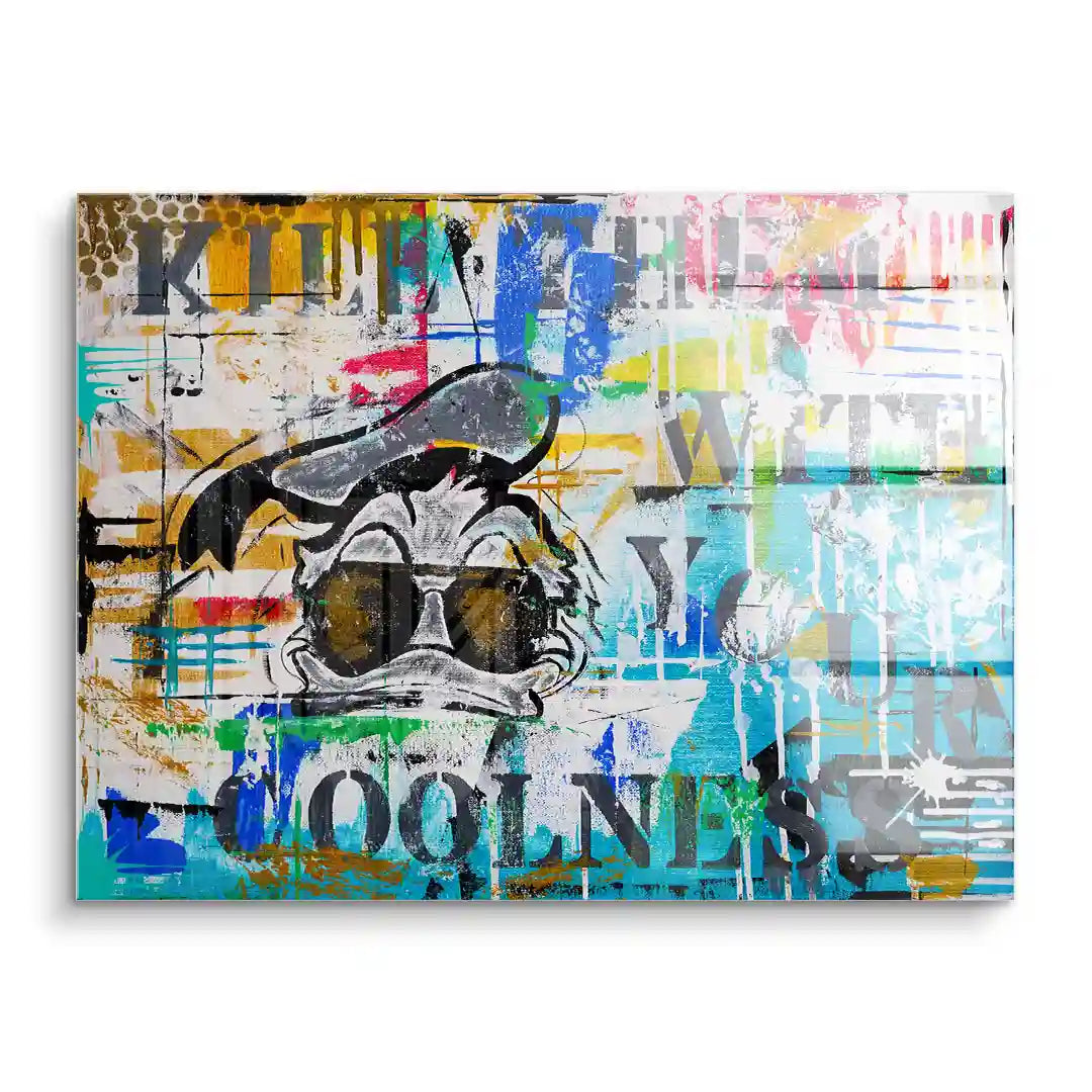 Buntes Wandbild im Pop Art Stil mit Donald-Duck-Motiv und Schriftzug Coolness auf Acrylglas