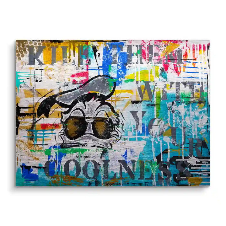 Buntes Wandbild mit cooler Comic-Ente, Sonnenbrille und Graffiti-Texten, Pop Art Stil