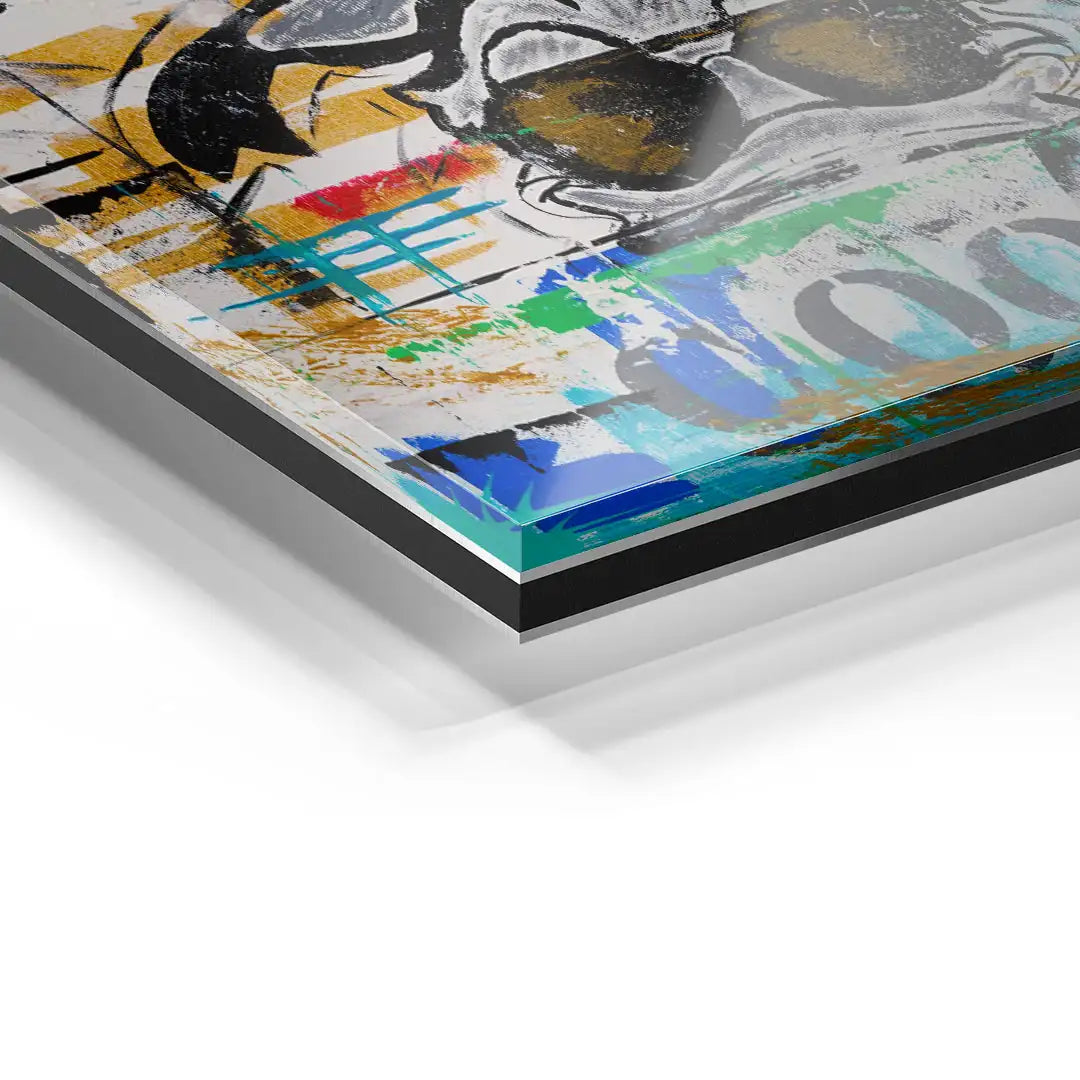 Detailansicht Acrylglas Wandbild mit buntem Pop Art Design und Totenkopf-Motiv