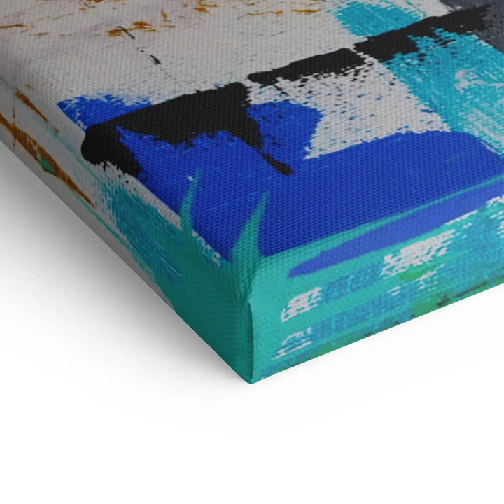 Detailansicht modernes Wandbild auf Leinwand mit blauen und türkisen Farbakzenten