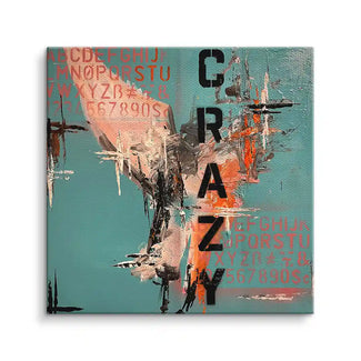 Abstraktes Wandbild auf Leinwand mit Schriftzug CRAZY, bunten Buchstaben und Zahlen auf türkisfarbenem Hintergrund.