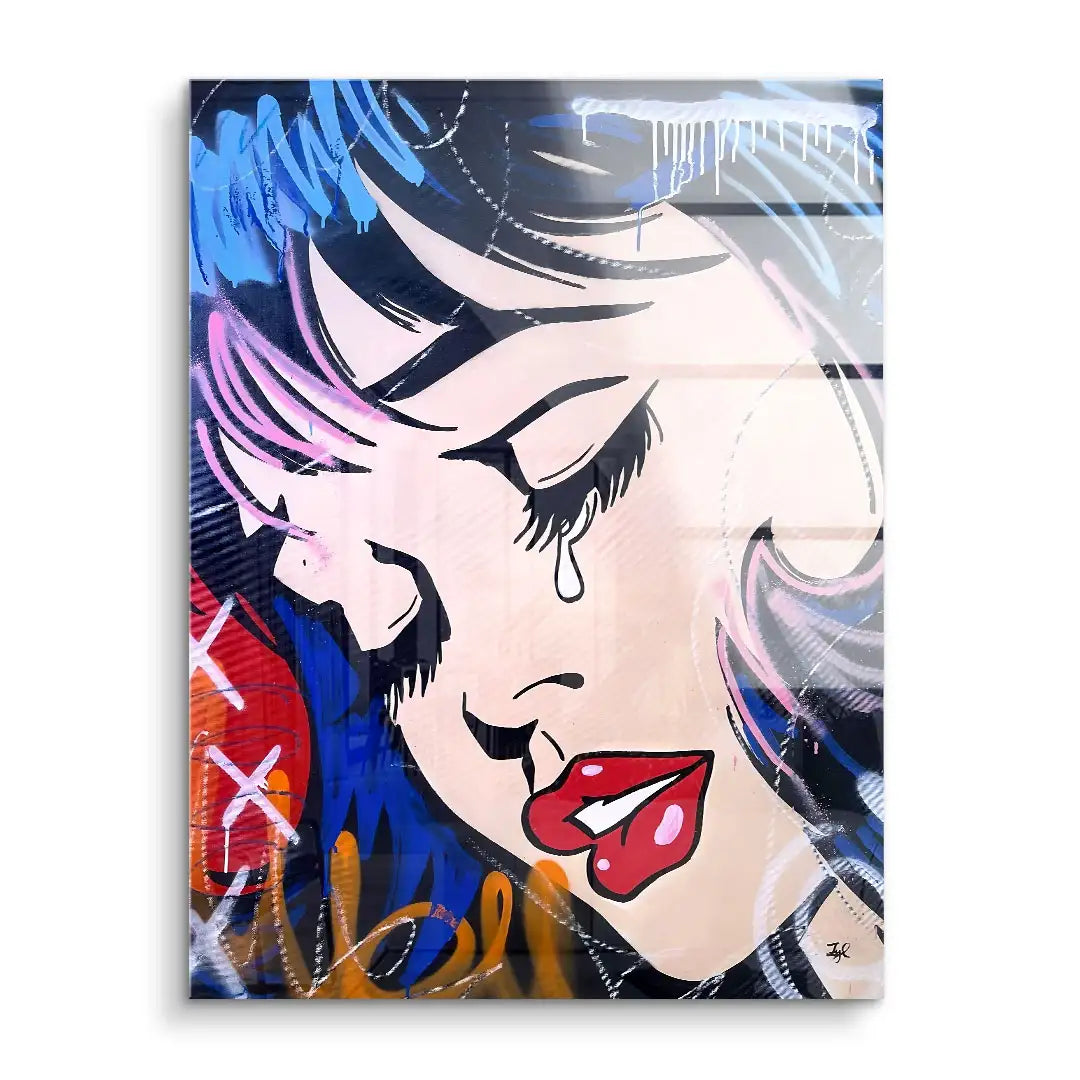 Pop Art Wandbild mit weinendem Mädchen, Acrylgemälde, farbenfroh und modern
