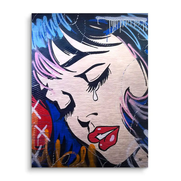 Pop Art Wandbild einer weinenden Frau im Comic-Stil mit bunten Farben und Graffiti-Elementen