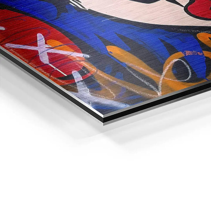 Detailaufnahme Pop Art Wandbild weinendes Mädchen mit kräftigen Farben und Graffiti-Elementen auf Aluminium