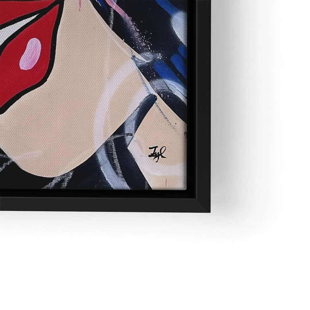 Modernes Pop Art Wandbild mit abstraktem Porträt eines weinenden Mädchens, rote Lippen