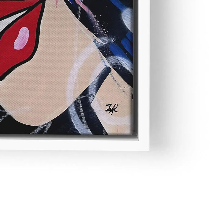 Detail eines Pop Art Wandbilds mit roten Lippen und abstraktem Hintergrund in Weißrahmen
