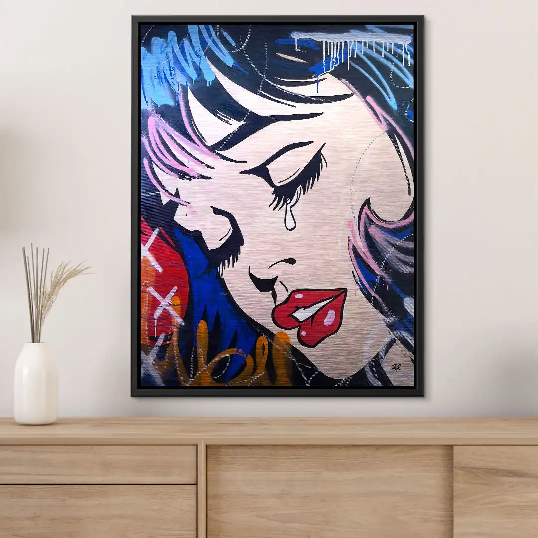 Pop Art Wandbild mit weinendem Mädchen, bunte Comic-Kunst, moderne Wohnzimmerdeko