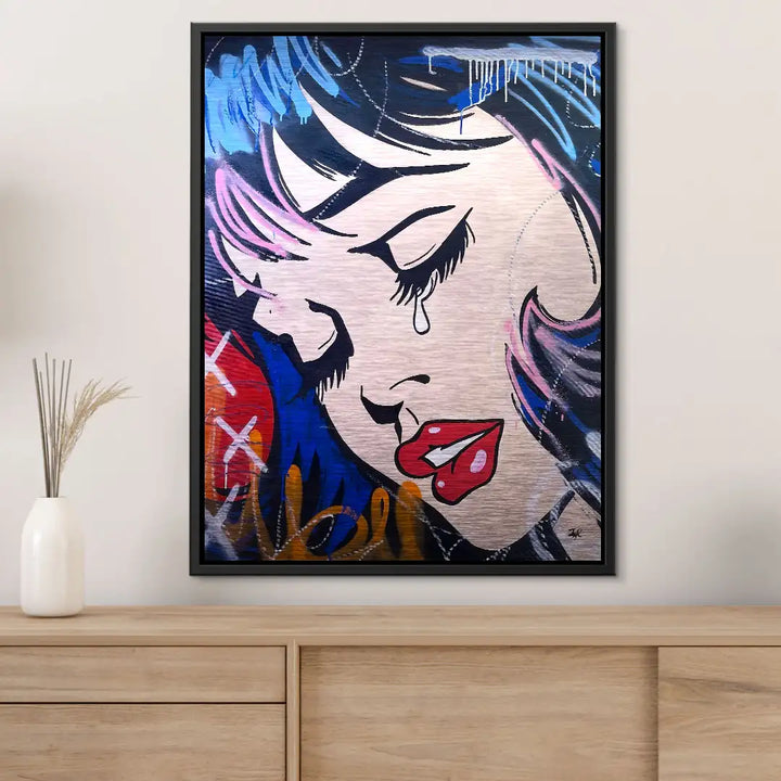 Pop Art Wandbild mit weinendem Mädchen, bunte Comic-Kunst, moderne Wohnzimmerdeko
