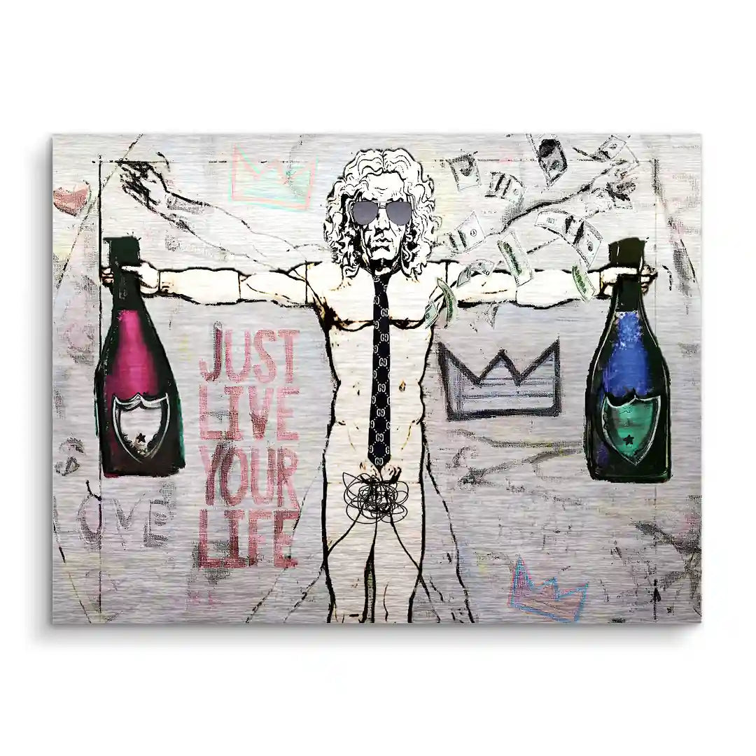 Modernes Wandbild mit Vitruvianischem Mensch, Sonnenbrille, Flaschen, Schrift 'Just Live Your Life', Graffiti-Elemente
