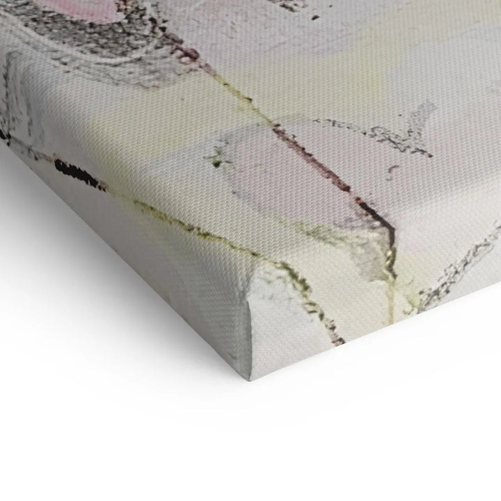Detailaufnahme abstraktes Wandbild auf Leinwand mit zarten Farben und Textur